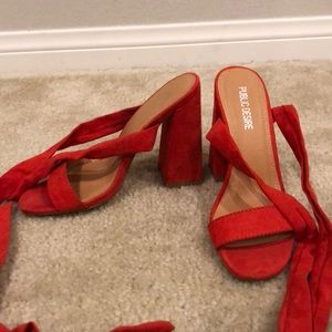 Red Lace Strap Heels with Chunky Heel
